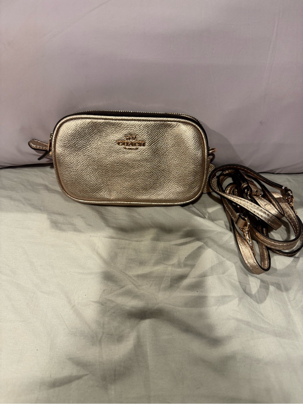 Coach Metallic Rose Gold Pebbled Leather Crossbody Camera Bag